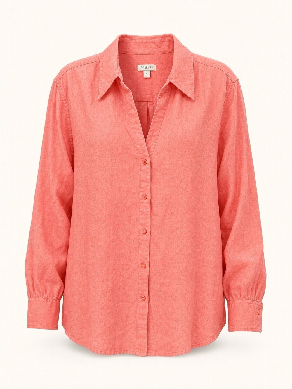 TALBOTS Women's 100% Linen Button-Up Collared Top Long Sleeve Coral Orange XL